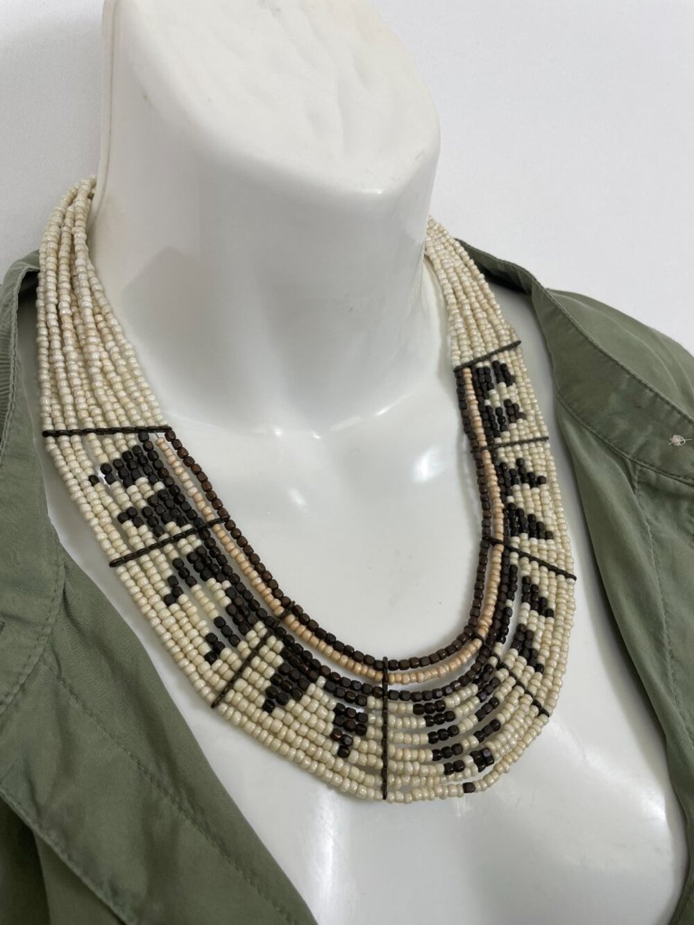 Boho Multi Strand Cream Brown Beaded Geometric Statement Necklace OS